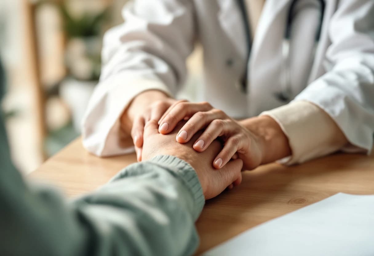 A carer and patient holding hands across a calm consultation table in soft natural light